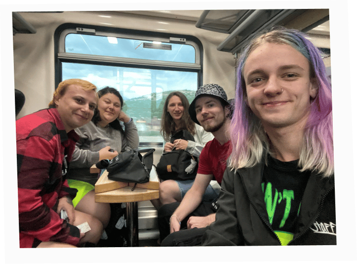 Resistance team members on a train to Bratislava, Slovakia, in 2022