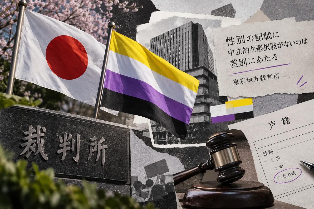 a collage featuring the Japanese and non-binary flags, court symbols, and cherry blossoms